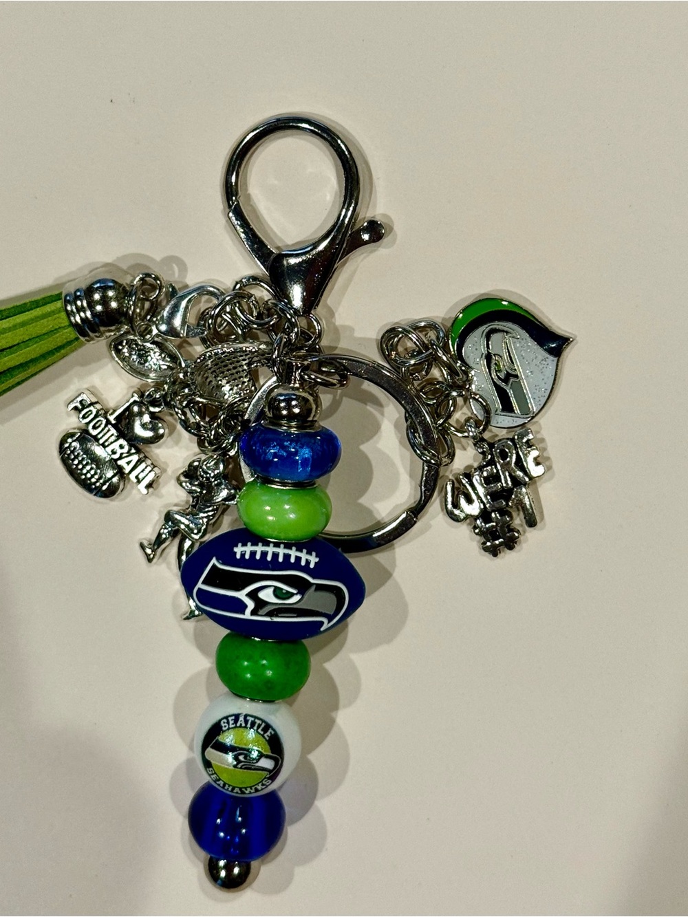 Seattle Seahawks Beaded Keychain hanging purse charm.